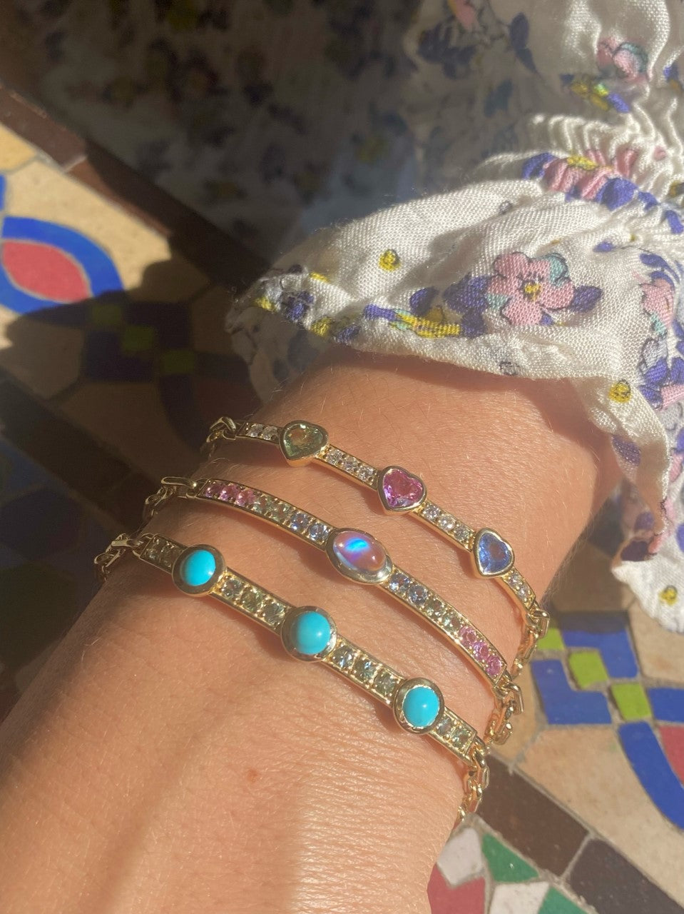 Single Moonstone and Rainbow Sapphire Gem ID Bracelet